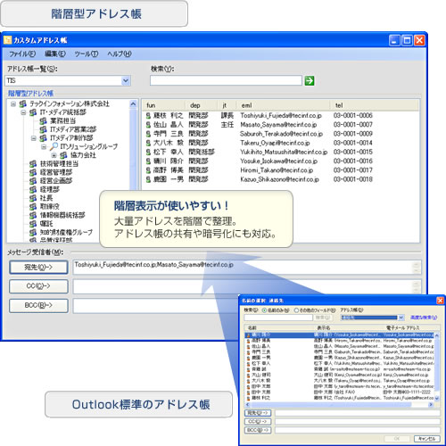 階層型アドレス帳：階層表示が使いやすい！大量アドレスを階層で整理。アドレス帳の共有や暗号化にも対応。